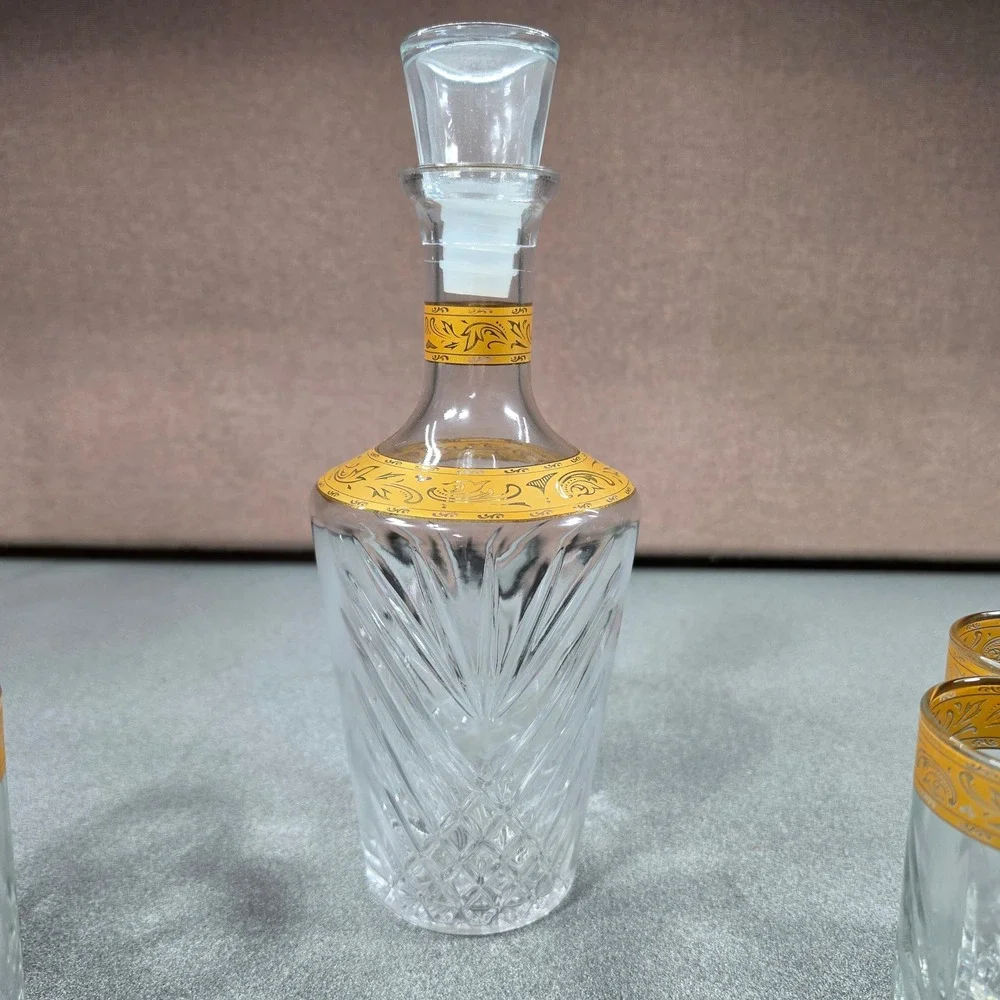 Vintage Decanter Set with 4 Glasses Gold Leaf Band Clear Pressed Glass Excellent
